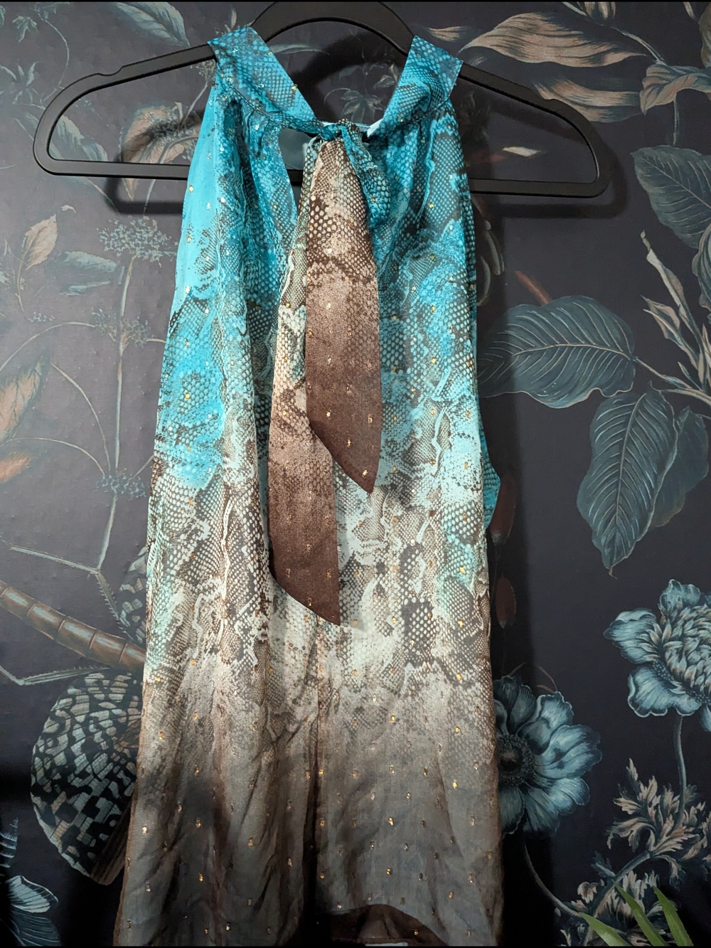Vintage Y2K Monograph Teal Ombre Snakeskin Metallic Tie Back Halter Top 14